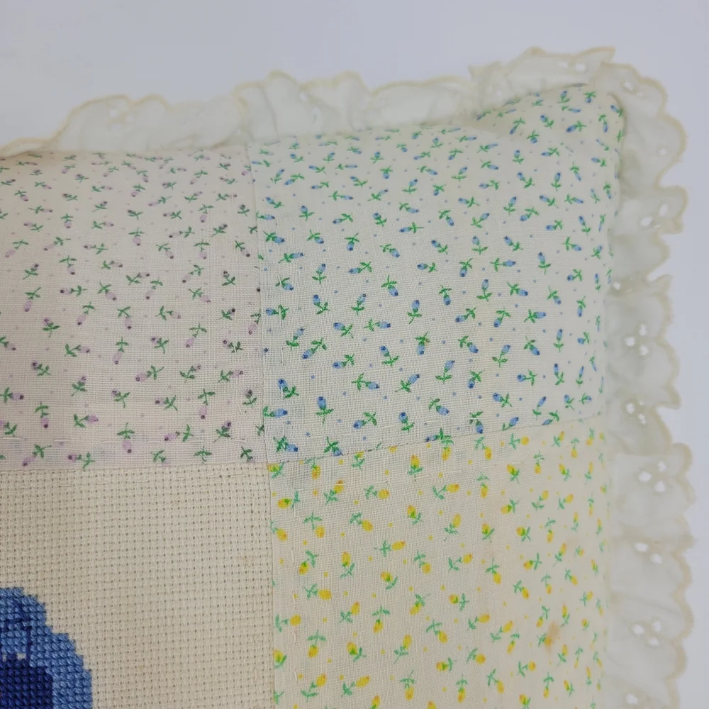 Handmade Vintage Quilted Cross Stitch Pillow Floral Dog Puppy Lace Grandma